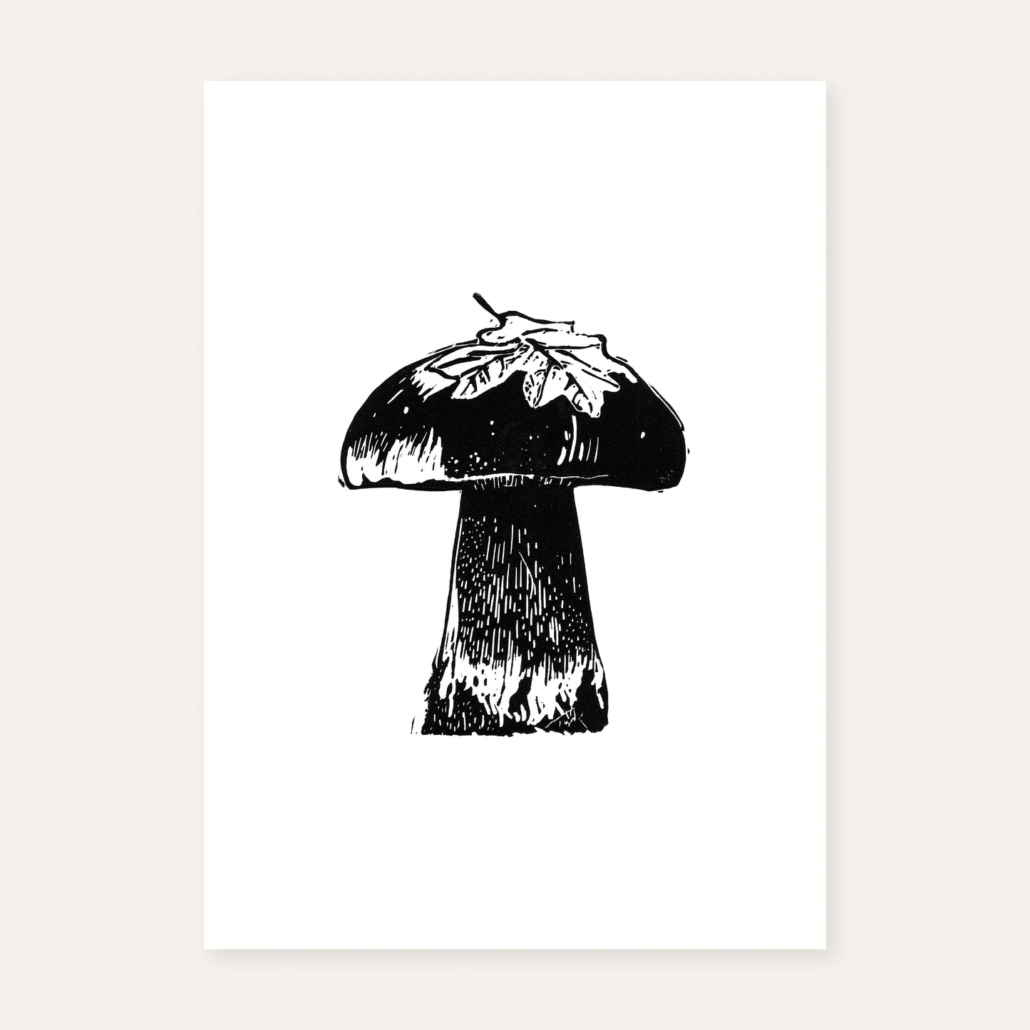 Linocut print of a boletus.