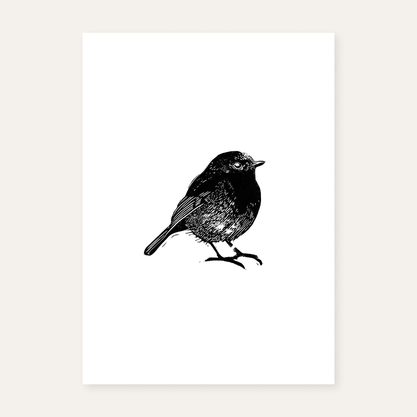 Linocut print of a robin.